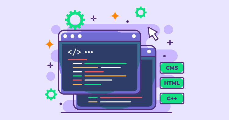 Illustration of coding windows displaying various programming languages like C#, HTML, and C++, surrounded by gears and design elements, emphasizing software development and coding concepts.