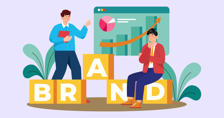 Two professionals discussing branding strategies in front of a digital dashboard displaying graphs and charts, with colorful blocks spelling "BRAND" in the foreground.