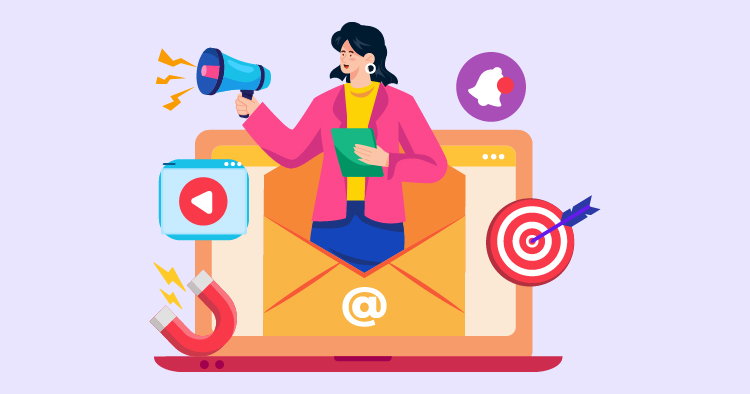 Illustration of a woman holding a megaphone and a tablet, standing in front of a large email envelope on a laptop screen, surrounded by icons representing video content, notifications, and marketing targets, symbolizing digital communication and marketing strategies.