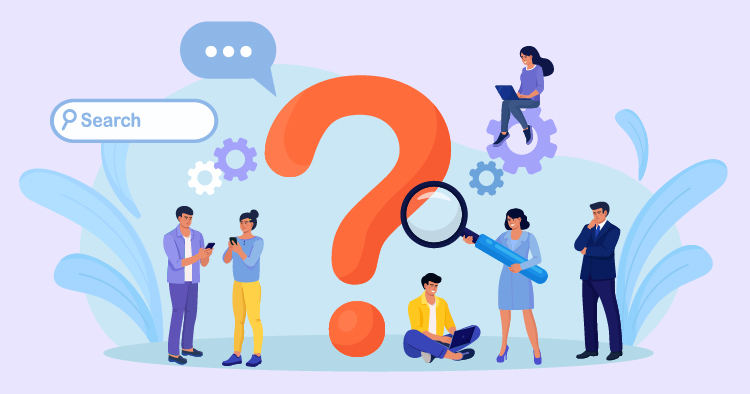 Illustration of diverse individuals engaged in problem-solving, featuring a large orange question mark and gears, symbolizing inquiry and collaboration in a digital environment.