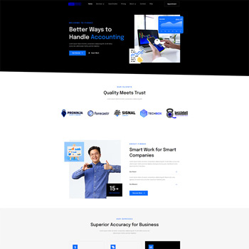 Homepage of an accounting service website featuring a modern design, showcasing a smiling professional holding a tablet. The layout includes sections for client trust, service offerings, and company credibility, emphasizing quality and accuracy in business accounting solutions.