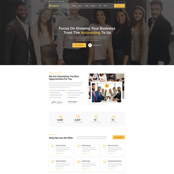 Professional accounting services website homepage showcasing a diverse team of financial experts. The layout highlights key offerings such as personal tax, business tax, payroll, and consulting services, along with client testimonials and performance metrics.