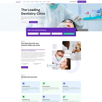Image of the homepage of a dentistry clinic website featuring a dental professional examining a patient's teeth. The site promotes services such as dental checkups, implants, and whitening, emphasizing patient care and a mission to enhance smiles.