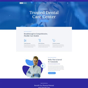 Homepage of a trusted dental care center featuring a professional dental team, service descriptions, and patient-centered care information. The design includes a blue color scheme and user-friendly navigation for easy access to dental services.