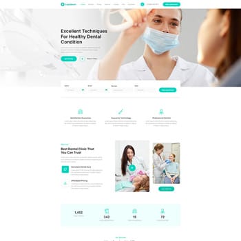 Dental clinic website homepage featuring a dentist in a mask demonstrating techniques for maintaining healthy dental conditions, with sections on dental services, patient care, and advanced technology.