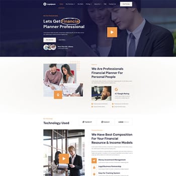 Homepage of a financial planning service featuring professional advisors discussing plans, user-friendly navigation, and sections highlighting technology used for financial resources and income models.