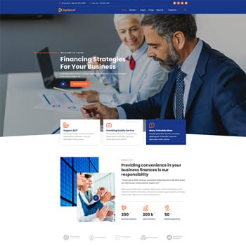 Professional financial consultation scene with two business people discussing strategies, featuring an engaging website layout focused on financing solutions for businesses.