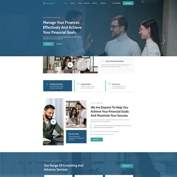Website homepage for a financial consulting firm, featuring a professional design with sections on financial management, expert consultations, and advisory services to help clients achieve their financial goals.