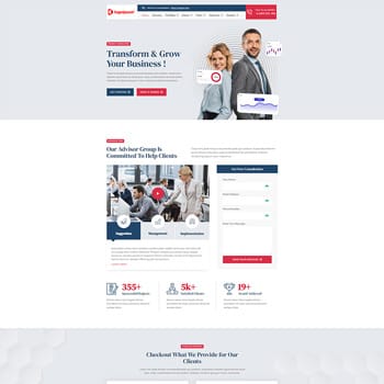 A professional website homepage featuring a business transformation theme, showcasing diverse business advisors and client interactions, highlighting growth statistics and services offered to clients.