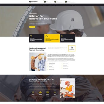 Homepage of a renovation company featuring a professional team, showcasing services, statistics, and a modern design. The layout includes sections for project highlights, a commitment to quality, and contact information, aimed at homeowners seeking renovation solutions.