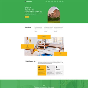 Homepage of a home renovation company featuring a vibrant green and orange design, showcasing a welcoming message about home renovation services, statistics on completed projects, and reasons to choose their experienced team.