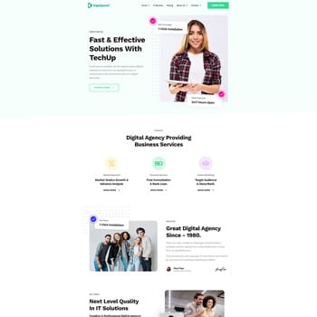 Homepage of TechUp, a digital agency offering IT solutions and business services. Features a smiling woman in a plaid shirt, sections highlighting services, and a professional team showcasing expertise in digital marketing and technology.