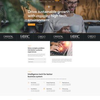 Homepage of a tech-focused business website showcasing services aimed at driving sustainable growth and enhancing customer experiences through innovative technology solutions. Features a professional man engaging with a laptop, emphasizing a modern and high-tech environment.