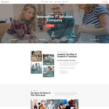 Homepage of an innovative IT solution company featuring a modern design, showcasing services such as market analysis and digital marketing, with a focus on teamwork and technology expertise.