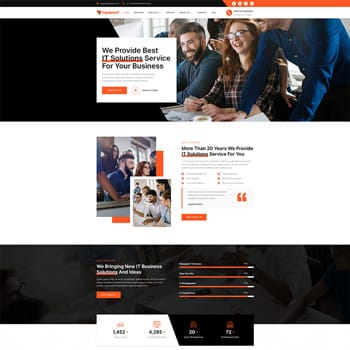 IT solutions service website homepage showcasing a diverse team collaborating, featuring key service highlights, statistics, and a professional layout aimed at businesses seeking IT support.