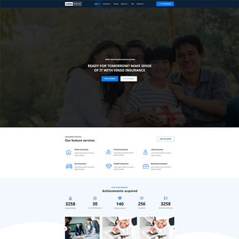 Homepage of Vinsol Insurance featuring a family smiling together, emphasizing family-oriented insurance services. The layout highlights featured services and achievements, promoting a sense of security and preparedness for the future.
