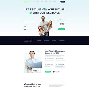 Homepage of an insurance agency featuring a family and a professional agent, emphasizing services like future security and trustworthiness. The design includes statistics and contact options for potential clients.
