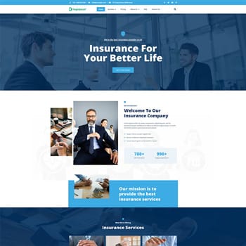 Insurance company website homepage showcasing professional services and client consultations, featuring a welcoming message and key statistics about the company’s offerings.