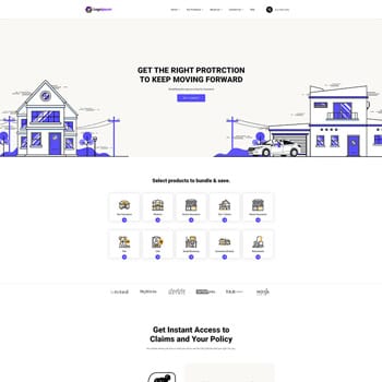 Homepage of a website offering insurance products, featuring illustrations of a house, car, and various icons representing different insurance options. The layout emphasizes bundling services for savings and provides quick access to claims and policy information.