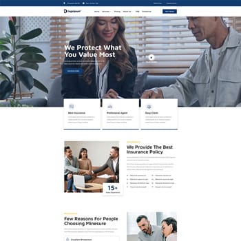 Website homepage for an insurance company featuring a professional agent assisting clients, showcasing services like best insurance policies, easy claims, and customer testimonials.