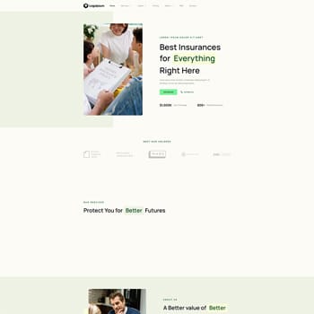 Home page of an insurance website featuring a family discussing insurance options, with a focus on comprehensive coverage and protection for the future. The layout emphasizes user-friendly navigation and key service highlights.