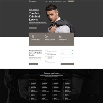 Homepage of Martin Smith, a criminal lawyer, featuring a professional image of the lawyer, contact information, and sections highlighting legal services and common legal issues. The design emphasizes expertise in criminal defense.