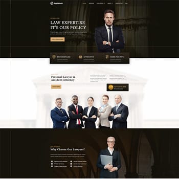 Homepage of a law firm featuring a professional lawyer and a diverse team of attorneys. Highlights include sections on legal expertise, personal injury, and accident attorney services, emphasizing experience and client support. The design is modern and user-friendly, aimed at attracting potential clients seeking legal representation.