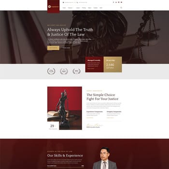 Law firm website homepage featuring a statue of Lady Justice, a professional lawyer, and sections highlighting services, experience, and client testimonials. The design emphasizes trust, legal expertise, and commitment to justice.