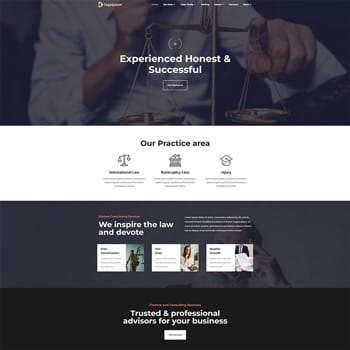 A professional law firm website homepage showcasing services such as international law, bankruptcy cases, and personal injury, featuring a balanced scale symbolizing justice and trust.
