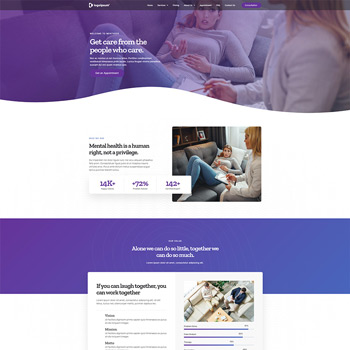 Homepage of a mental health service website featuring a welcoming design, emphasizing care and support for mental health. The layout includes statistics on mental health, testimonials, and a call to action for collaboration in wellness.