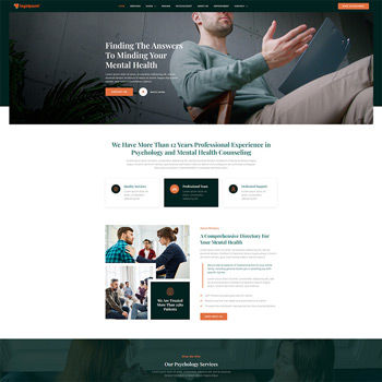 Homepage of a mental health counseling website featuring a professional discussing mental health topics, with sections highlighting services, experience, and client testimonials. The design emphasizes accessibility and support for mental health.