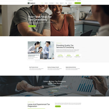 Website homepage for a tax consulting service featuring a friendly team providing quality tax services and consulting, showcasing statistics on client satisfaction and expertise, with sections highlighting their comprehensive tax solutions.