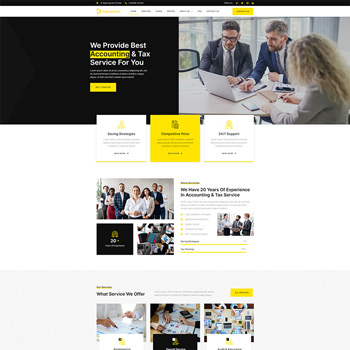 Professional accounting and tax services website featuring a team of experts discussing financial strategies, showcasing services, and highlighting 20 years of experience in the industry.