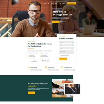Professional tax management website featuring a consultant, offering services such as tax consulting, financial planning, and indirect tax plans, with a call-back request form for potential clients.