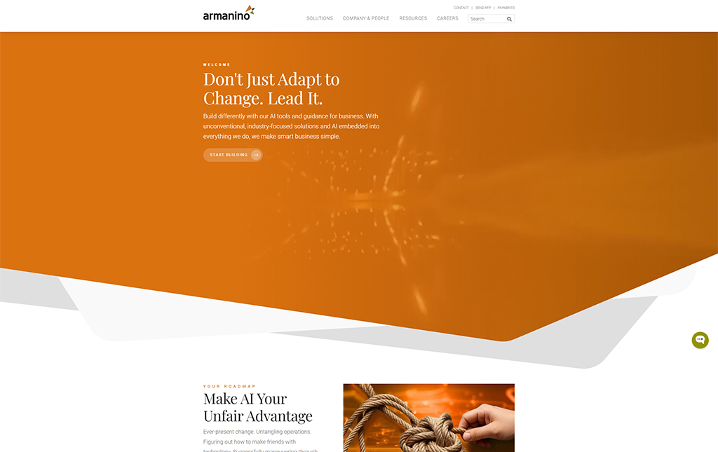 Homepage of Armanino featuring a bold orange background with the message 