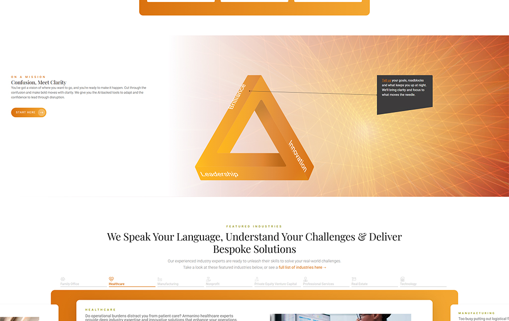 Website homepage featuring a triangular graphic representing leadership, innovation, and brilliance. The design emphasizes clarity and bespoke solutions for various industries, including healthcare and technology. The mission statement invites users to overcome confusion and gain confidence in their goals.