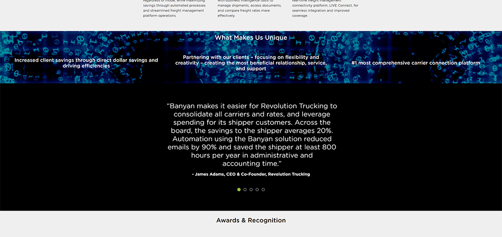 Image of a website section highlighting client savings and unique service offerings of Banyan, featuring a testimonial from James Adams, CEO of Revolution Trucking, emphasizing automation benefits and efficiency improvements in freight management.