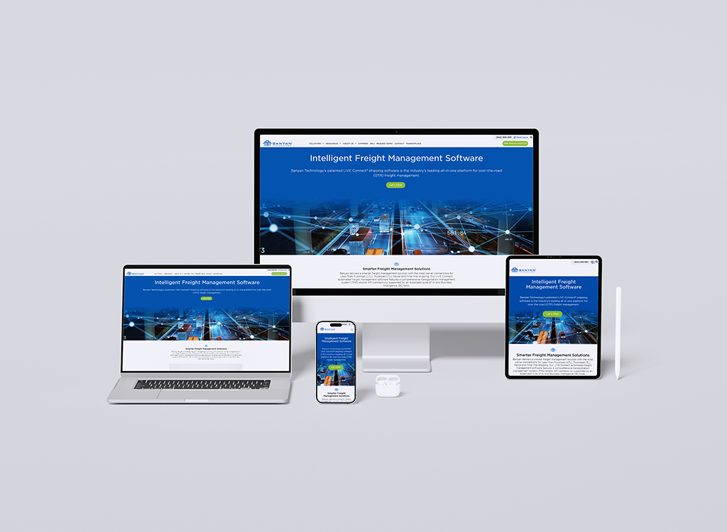 Image of various devices displaying the Intelligent Freight Management Software website by Banyan Technology, showcasing a modern interface for efficient freight management solutions.