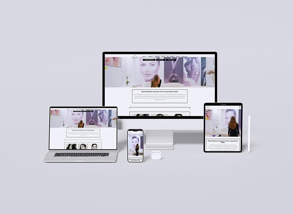 A collection of devices displaying a beauty website, including a desktop monitor, laptop, tablet, and smartphone, showcasing aesthetic services and treatments, set against a neutral background.