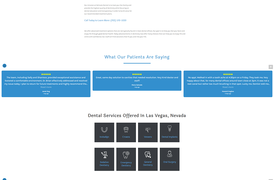 Patient testimonials and dental service offerings at Delicate Dental in Las Vegas, Nevada, highlighting exceptional care and various treatments like Invisalign, crowns, and dental implants.
