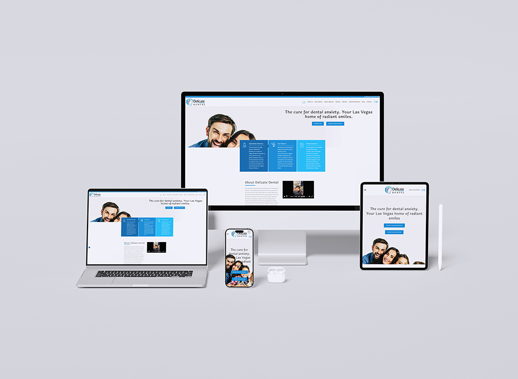 Image showcasing a responsive website design for Delicate Dental, featuring dental services aimed at alleviating dental anxiety, displayed on multiple devices including a desktop, laptop, tablet, and smartphone. The website highlights the tagline 