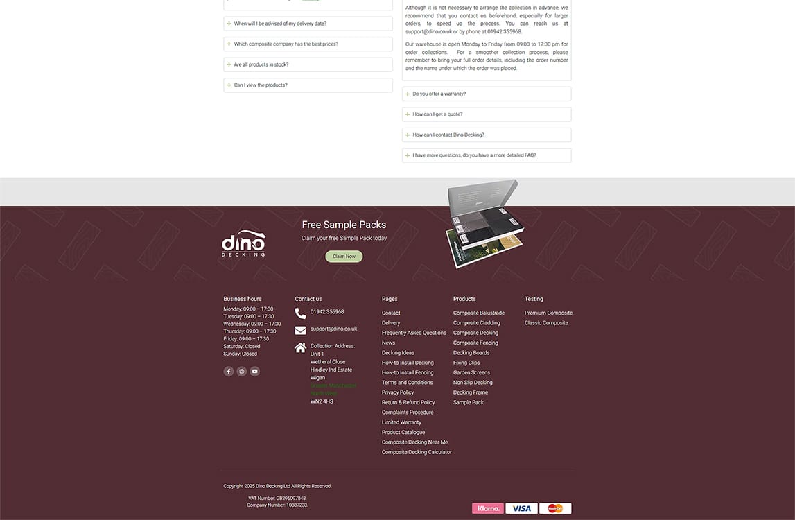 Footer section of the Dino Decking website featuring contact information, business hours, and links to products and services, including free sample packs and frequently asked questions.