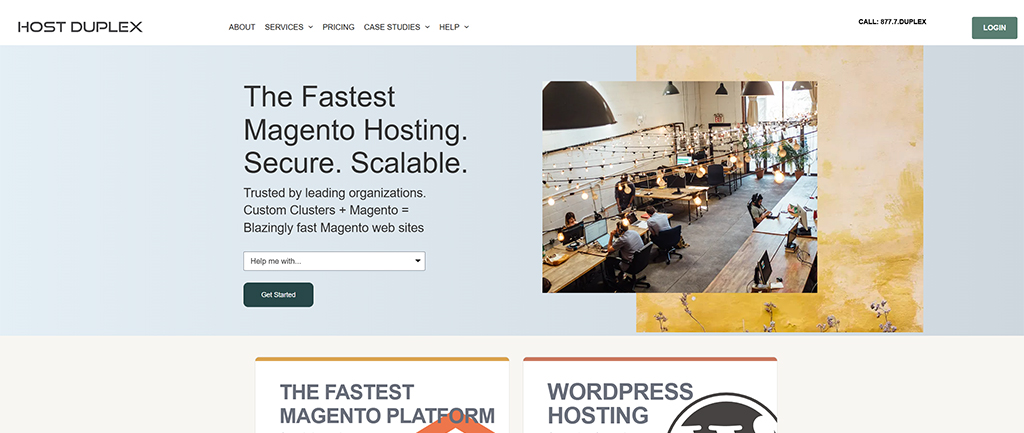 Homepage of Host Duplex featuring fast, secure, and scalable Magento hosting services, with a modern office environment showcasing a collaborative workspace and team members engaged in work.