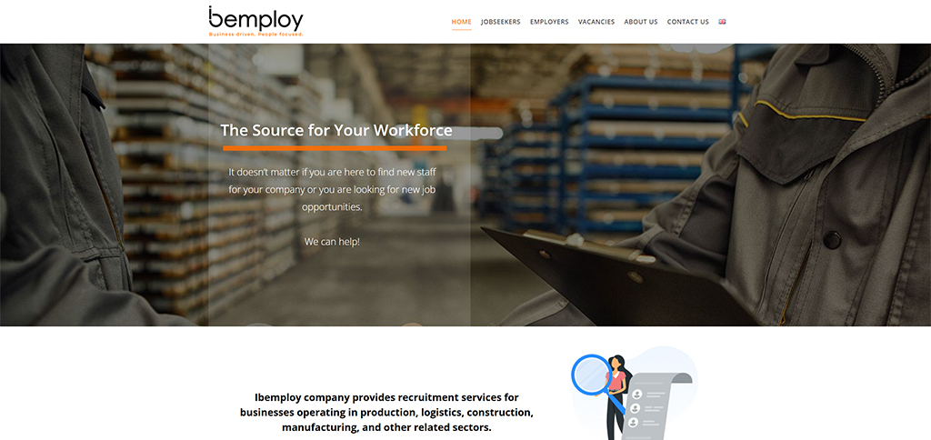 Homepage of Bemploy, a recruitment company offering workforce solutions for businesses in production, logistics, construction, and manufacturing. The image features a close-up of a worker holding a clipboard in a warehouse setting, emphasizing the company's focus on connecting employers with job seekers.