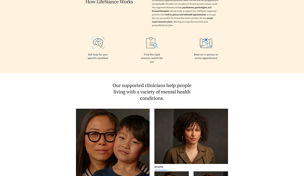 Image showcasing LifeStance's mental health services, featuring a diverse group of individuals, including a woman and child, along with a female clinician. Highlights the importance of personalized care plans and the variety of mental health conditions treated by supported clinicians.