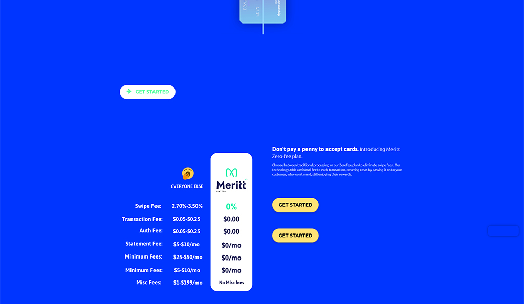 Meritt Zero-Fee card processing plan advertisement highlighting no swipe, transaction, or miscellaneous fees, with a bright blue background and clear call-to-action buttons to get started.