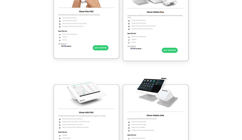 Image showcasing various Clover POS systems including Clover Flex, Clover Station Duo, Clover Mini, and Clover Station Solo. Each system features key benefits for different types of businesses such as restaurants and retail, with details on payment processing, connectivity options, and user-friendly interfaces. Ideal for quick-service establishments and businesses seeking versatile point-of-sale solutions.