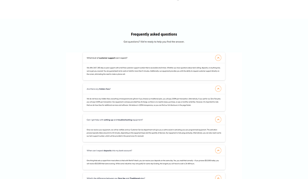 FAQ section on customer support, hidden fees, equipment setup, and deposit timelines for a financial service company, featuring clear answers to common inquiries.