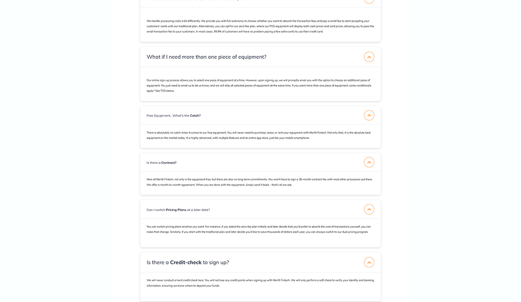 FAQ section on payment processing, covering topics like equipment selection, contract details, pricing plans, and credit checks for sign-up.