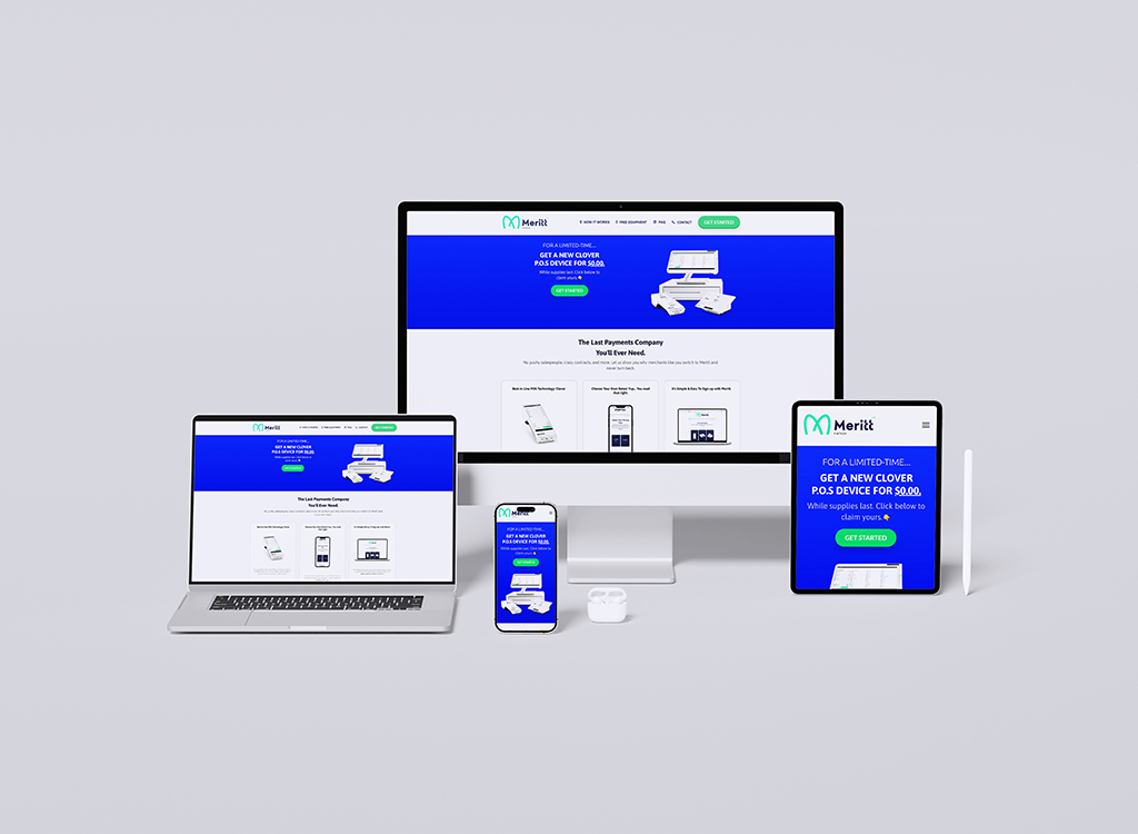 Image showcasing multiple devices including a desktop, laptop, tablet, and smartphone displaying the Meriit website, which promotes a limited-time offer for a Clover P.O.S. device. The website features a blue and white color scheme with clear calls to action for users to get started.